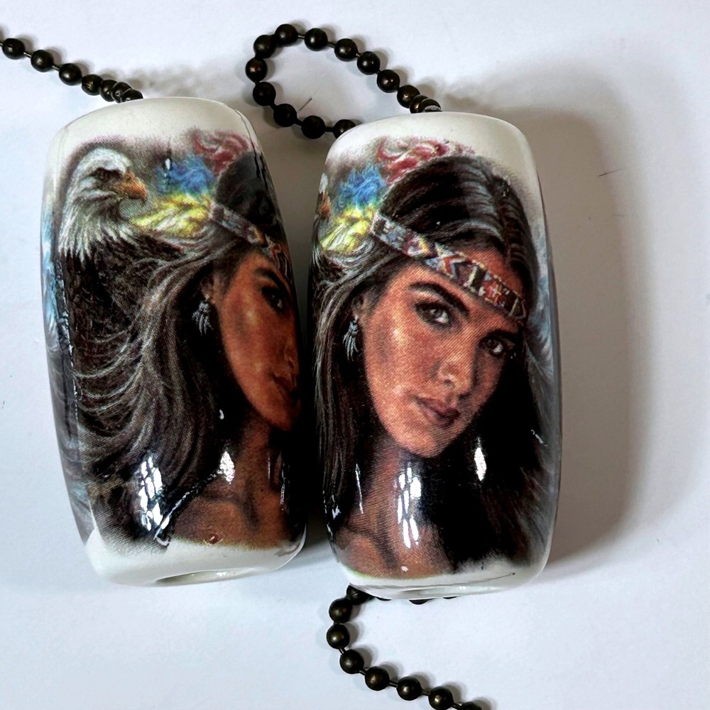 Set of 2 Ceramic Ceiling Fan Pulls Native American Woman and Eagle Graphic